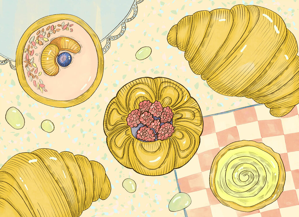 Croissanty a barevné zákusky — celý design