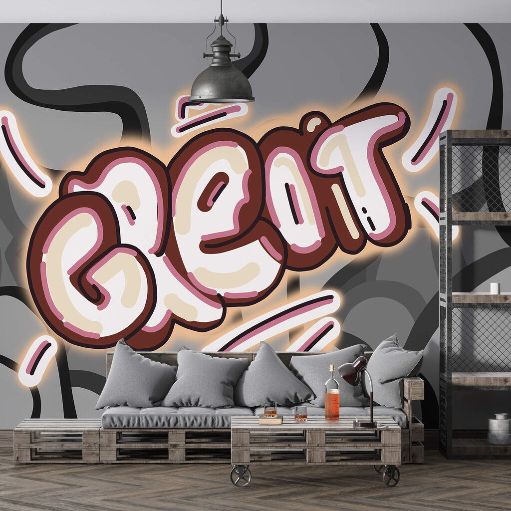 Vlnitý graffiti nápis — interiér 1