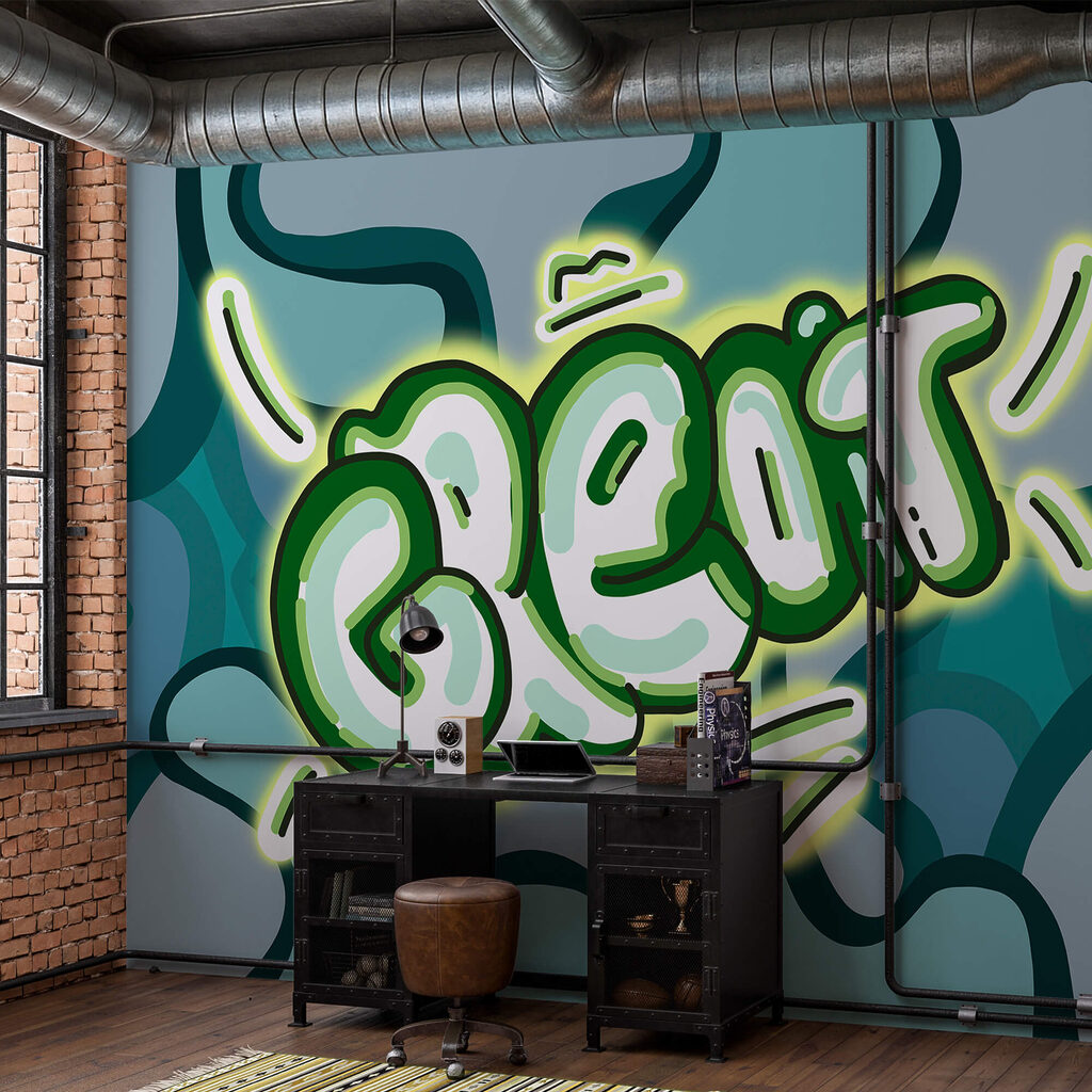 Vlnitý graffiti nápis — interiér 1