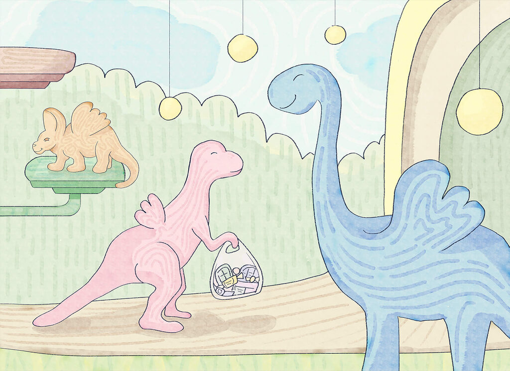 Dinosauři v pastelovém světě — celý design
