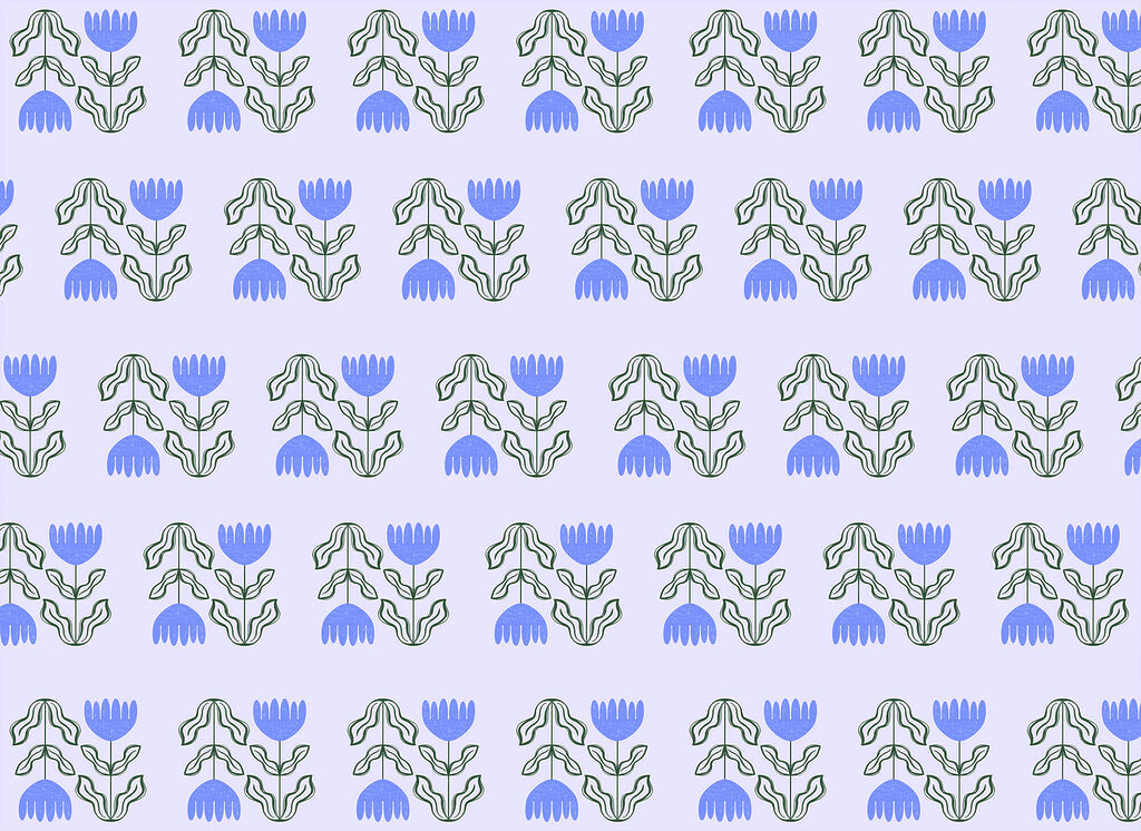 Modré tulipány v řadách — celý design