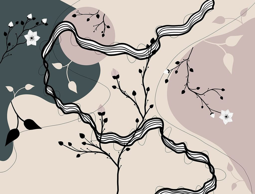 Větvičky mezi vlnitými liniemi — celý design