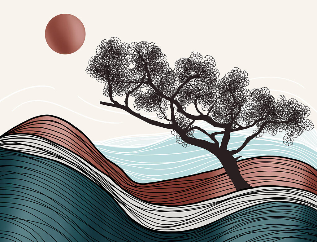 Strom nad vlnitými pásy — celý design