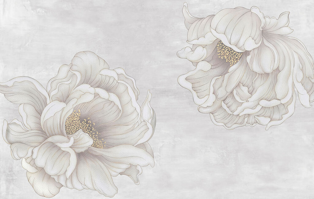 Šedá kresba květů — celý design
