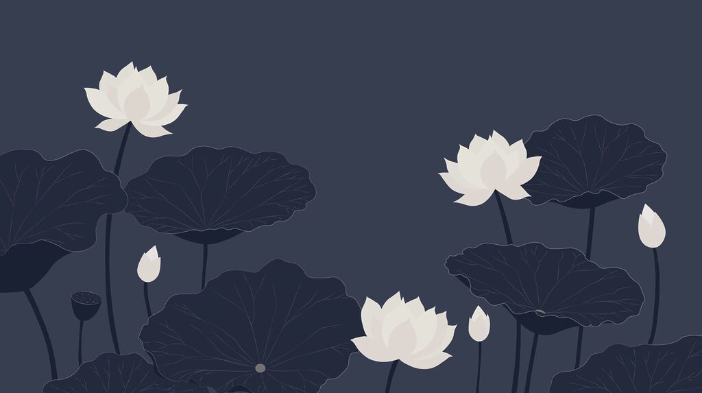 Bílé lotosy na tmavomodré — celý design