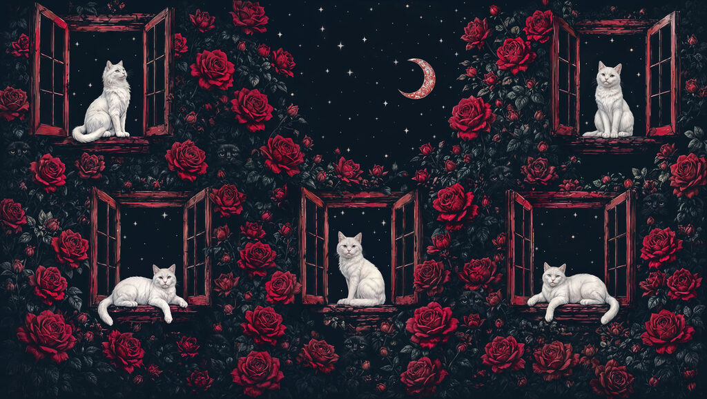 Kočky v otevřených oknech — celý design