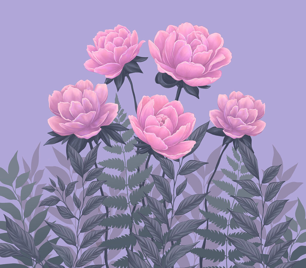 Růžové květy na lila — celý design