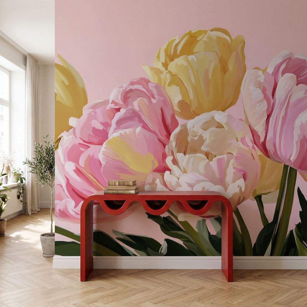 Náruč tulipánů v interiéru