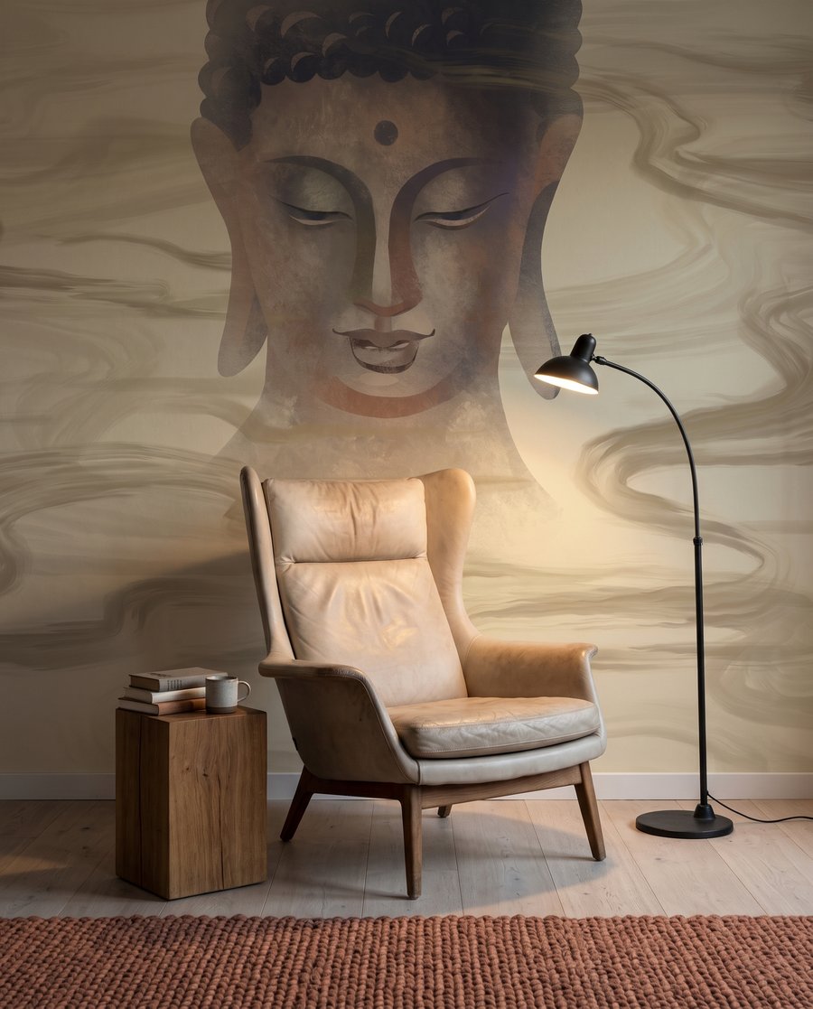 Buddha mezi zlatými proudy v interiéru