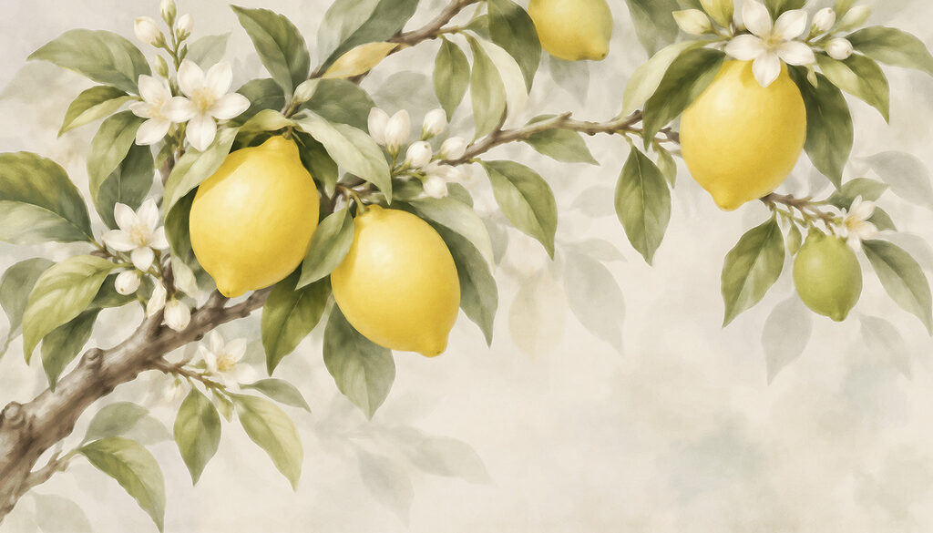 Citrony vedle bílého květu — celý design