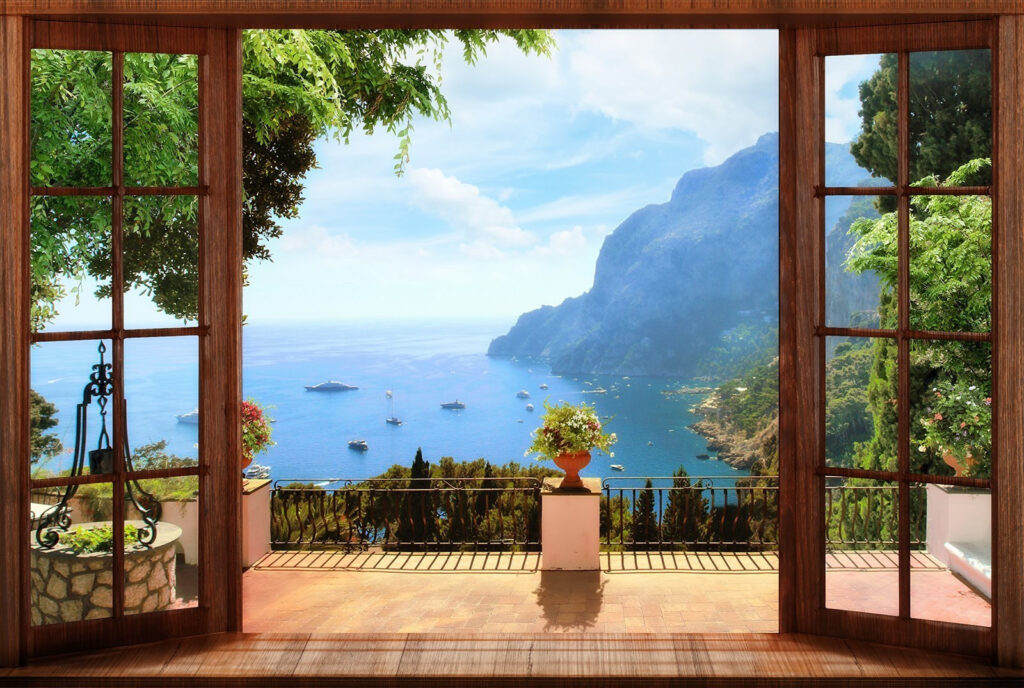 Balkon za dřevěnými dveřmi — celý design