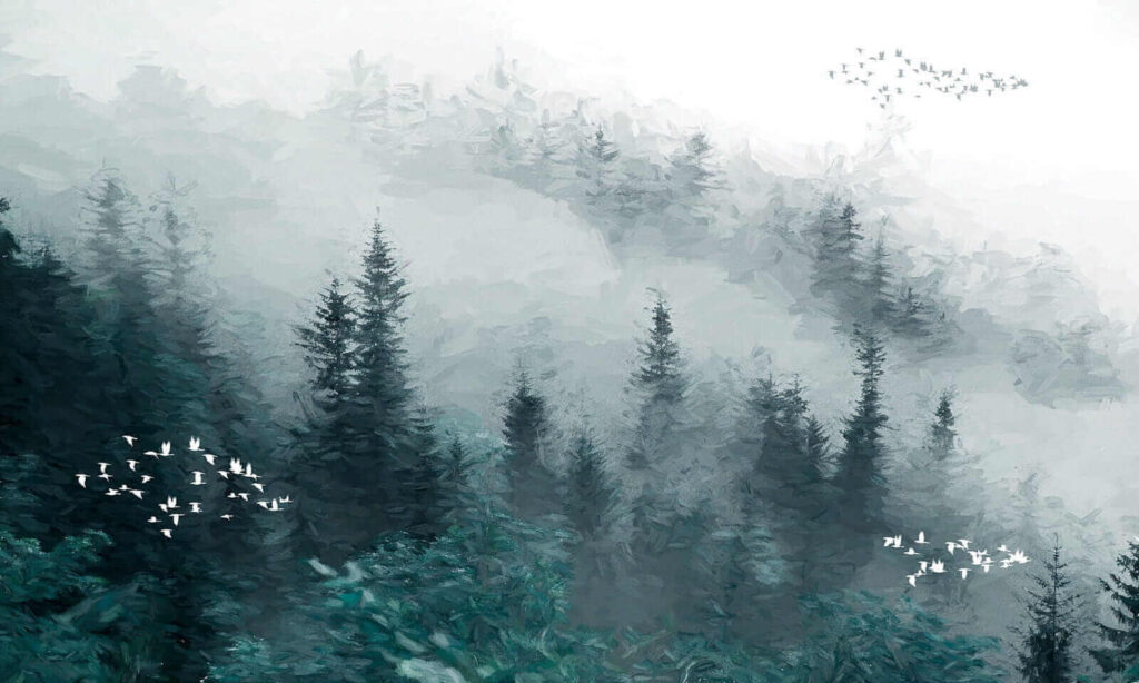 Ptáci mezi šedými borovicemi — celý design