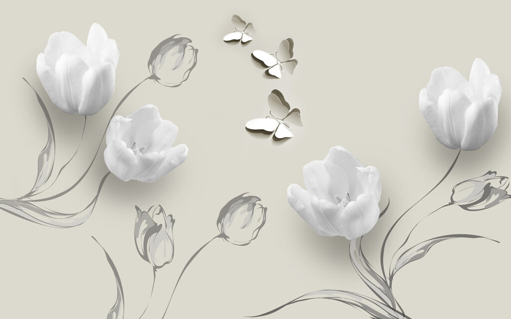 Bílé tulipány s motýly — celý design