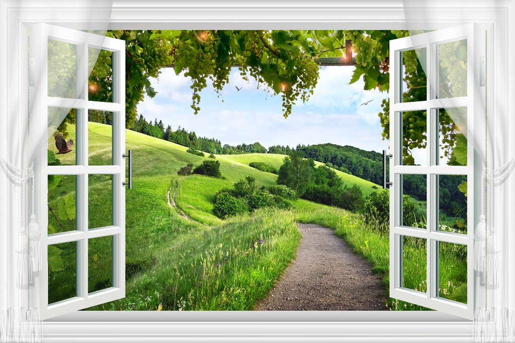 Okno k zeleným kopcům — celý design