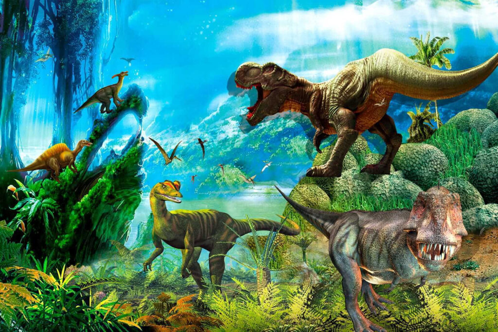 Dinosauři v modré džungli — celý design
