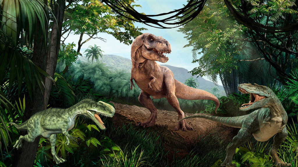Dinosauři na lesní skále — celý design
