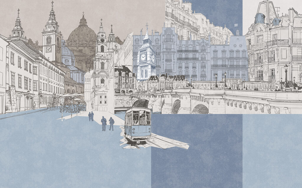 Tramvaj mezi kreslenými fasádami — celý design