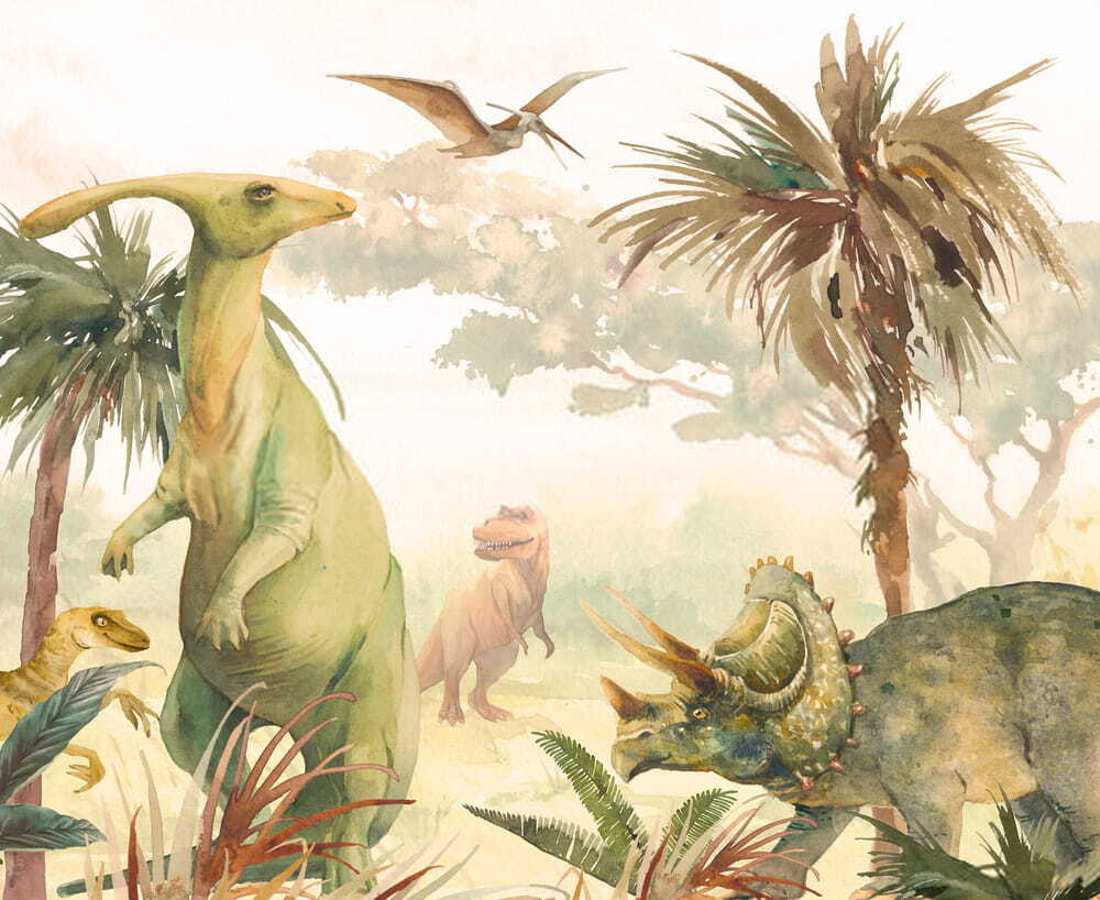 Dinosauři v měkkém akvarelu — celý design