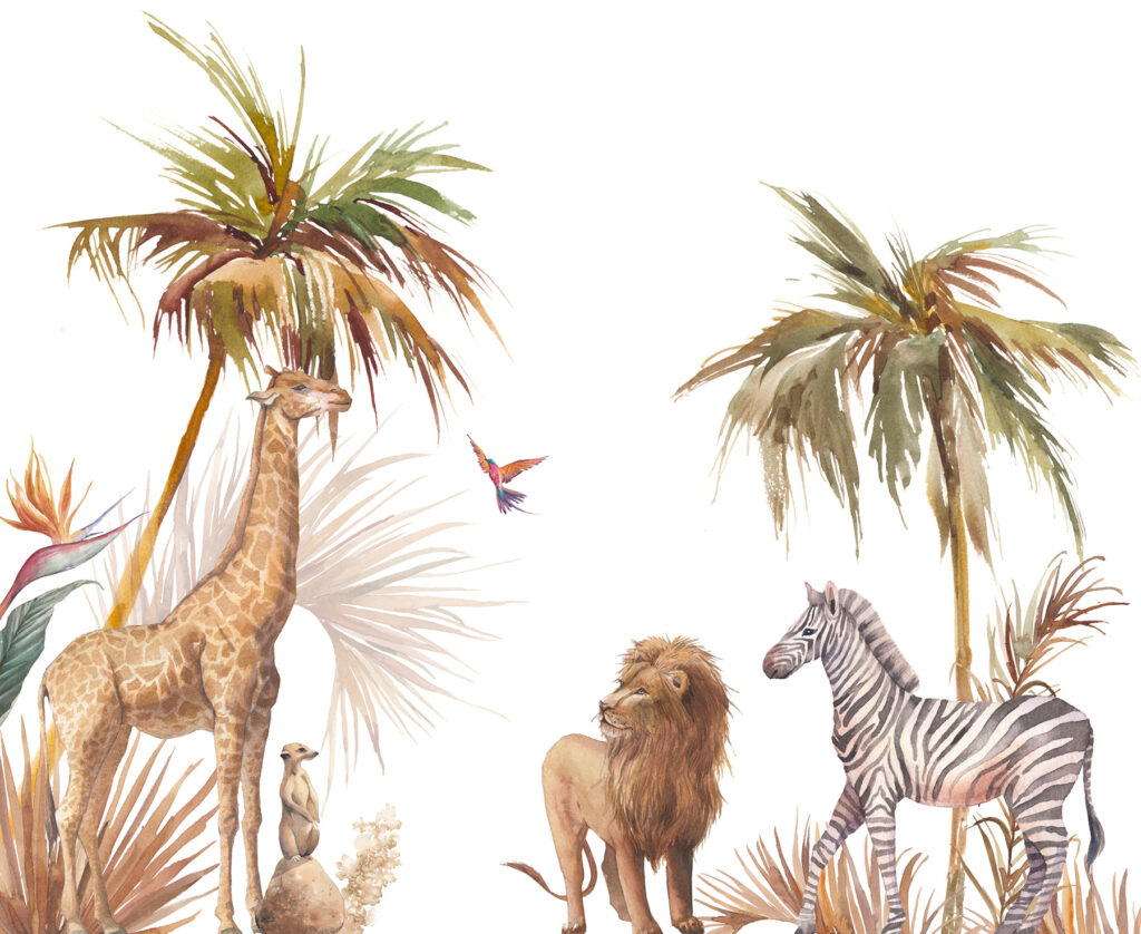 Safari zvířata u palem — celý design