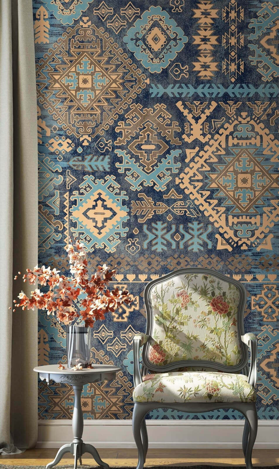 Modré kosočtverečné ornamenty — interiér 2