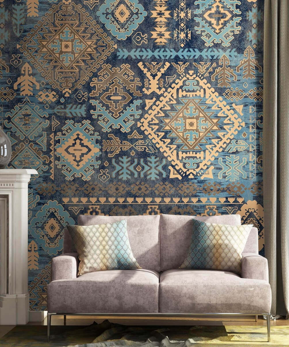 Modré kosočtverečné ornamenty — interiér 1