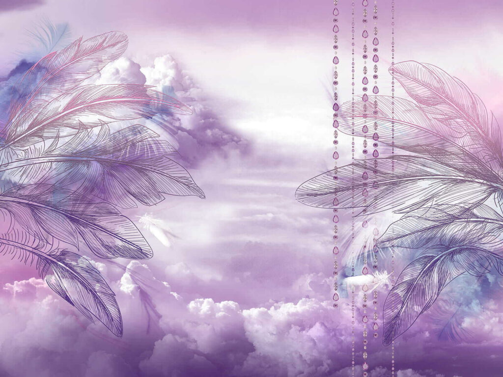 Fialové peří v oblacích — celý design