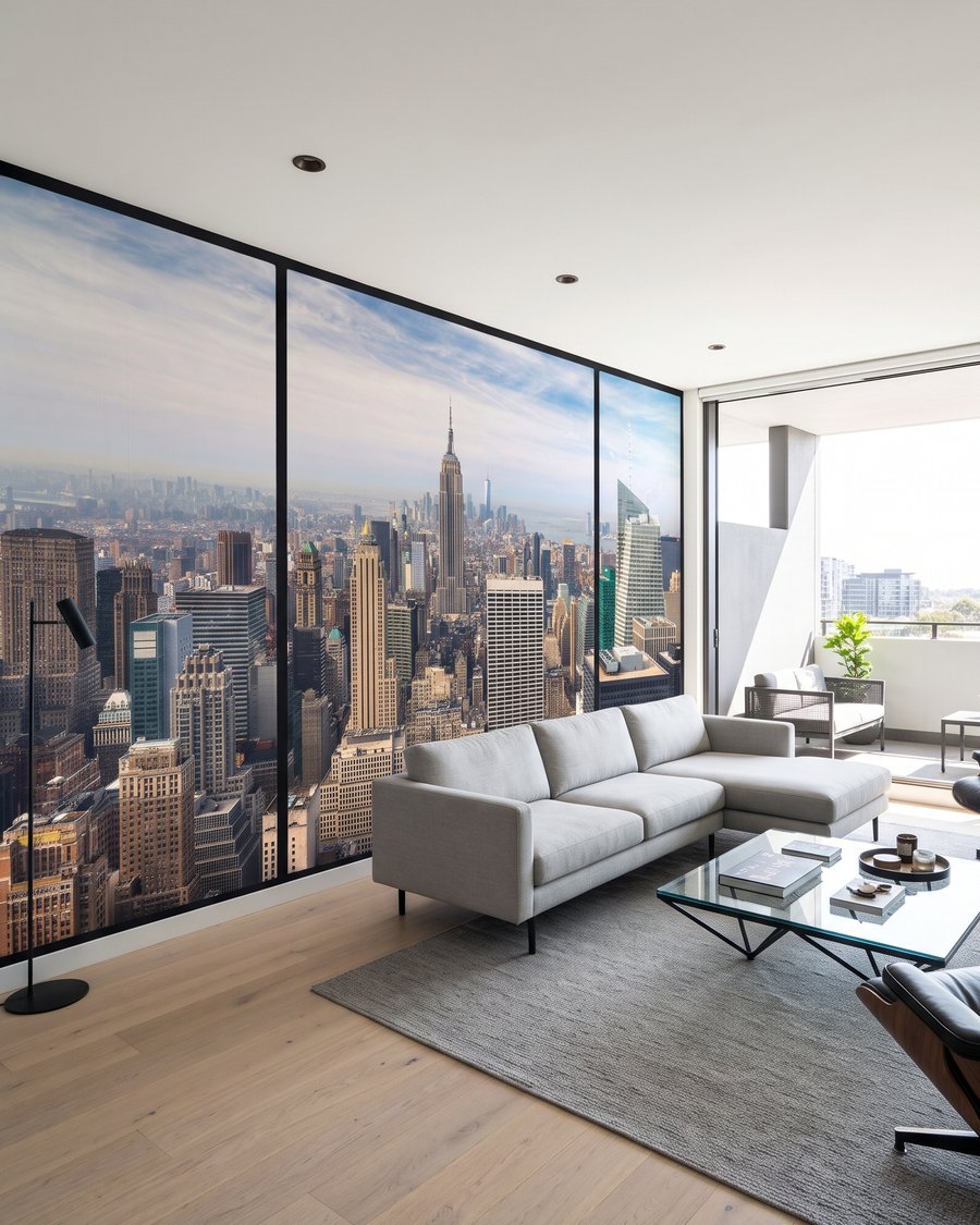 Manhattan za černými rámy v interiéru