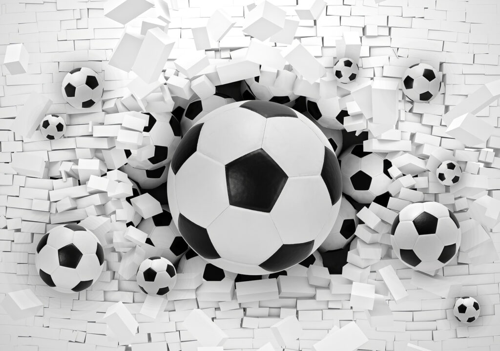 Fotbal skrz bílé cihly — celý design