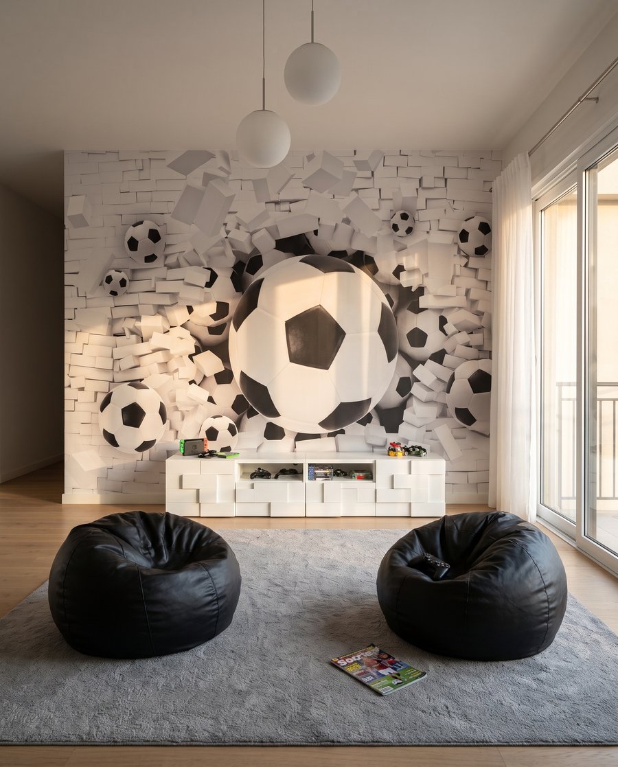 Fotbal skrz bílé cihly v interiéru