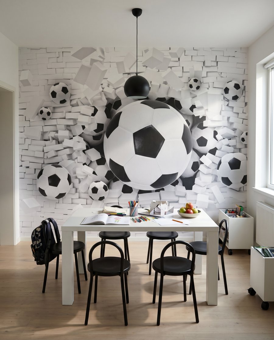 Fotbal skrz bílé cihly — interiér 2