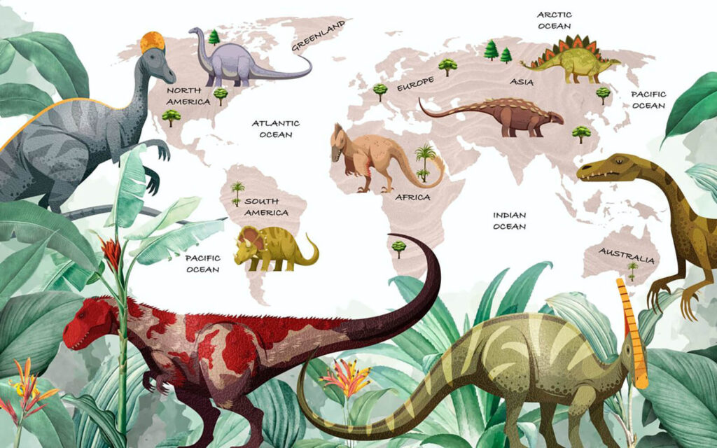 Dinosauři před mapou světa — celý design