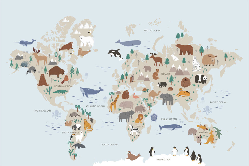 Světlomodrá mapa zvířat — celý design