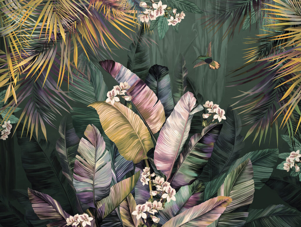 Světlé květy před palmami — celý design