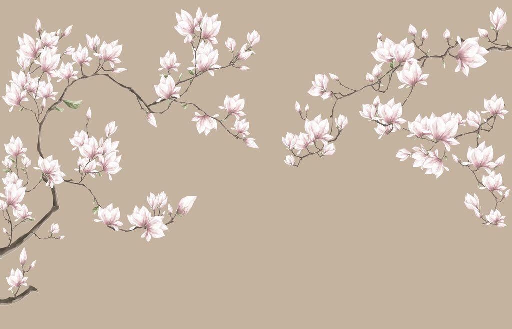 Růžová magnolie na béžovém — celý design