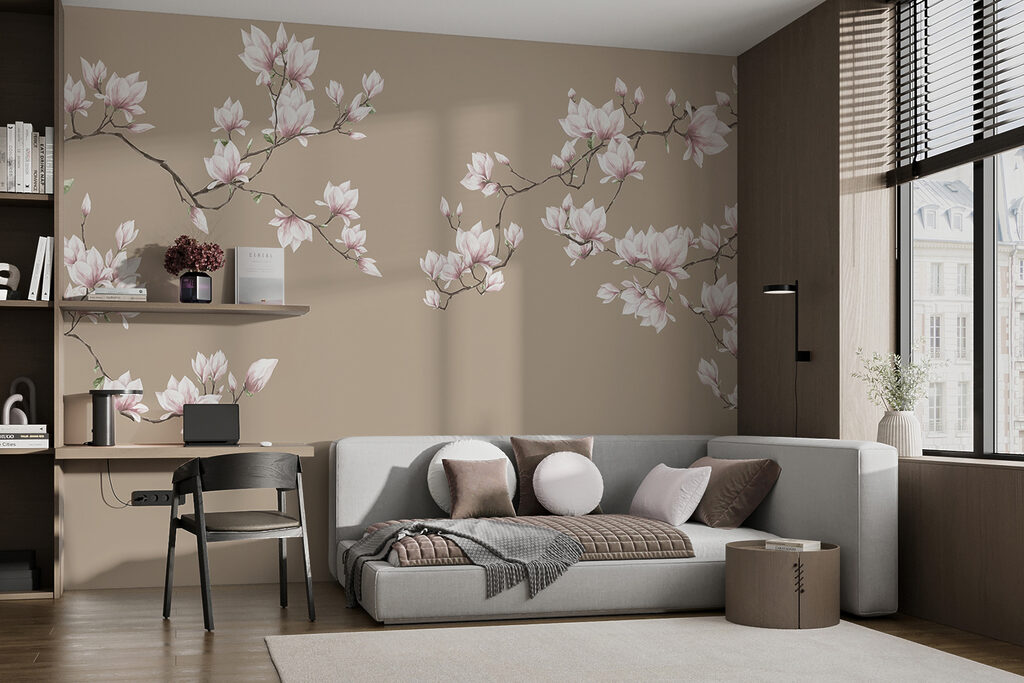Růžová magnolie na béžovém — interiér 4