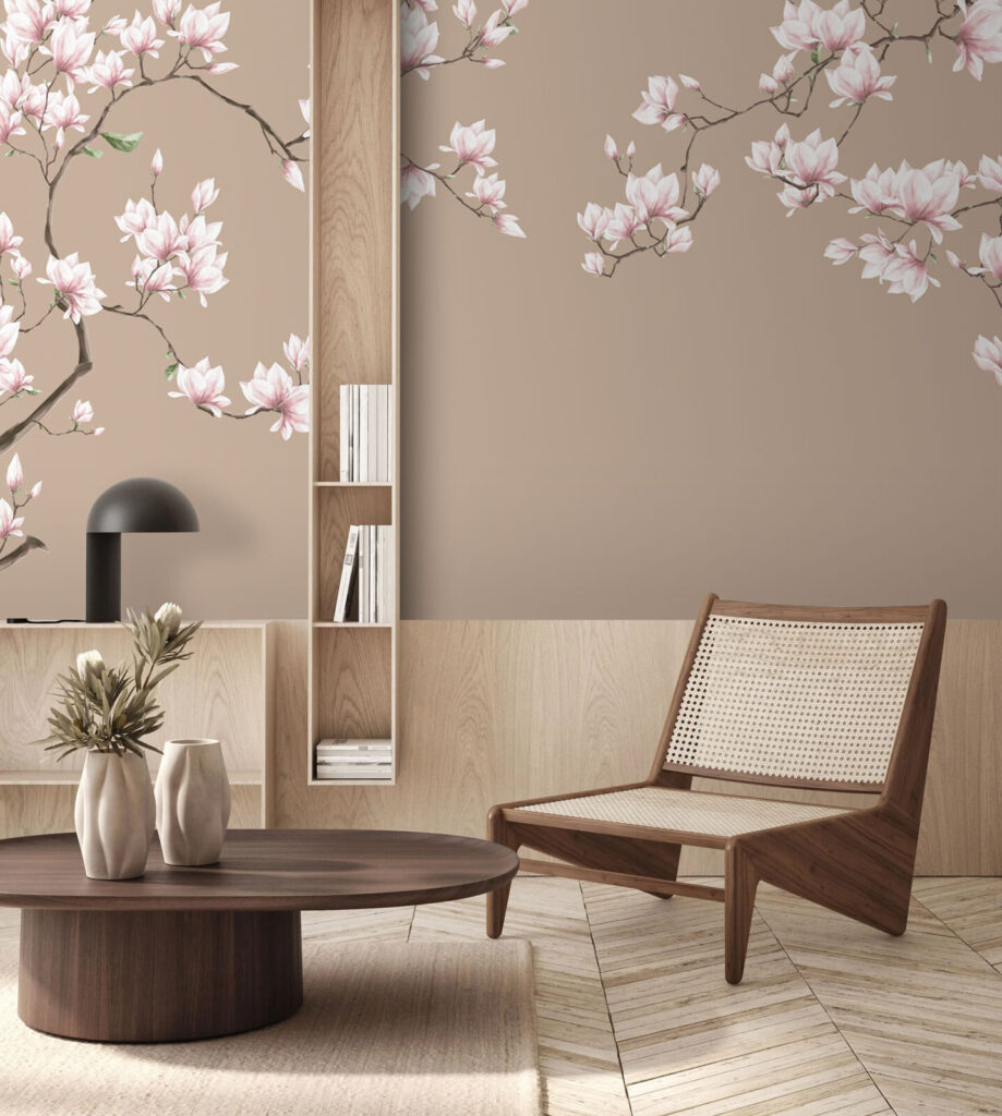 Růžová magnolie na béžovém — interiér 1