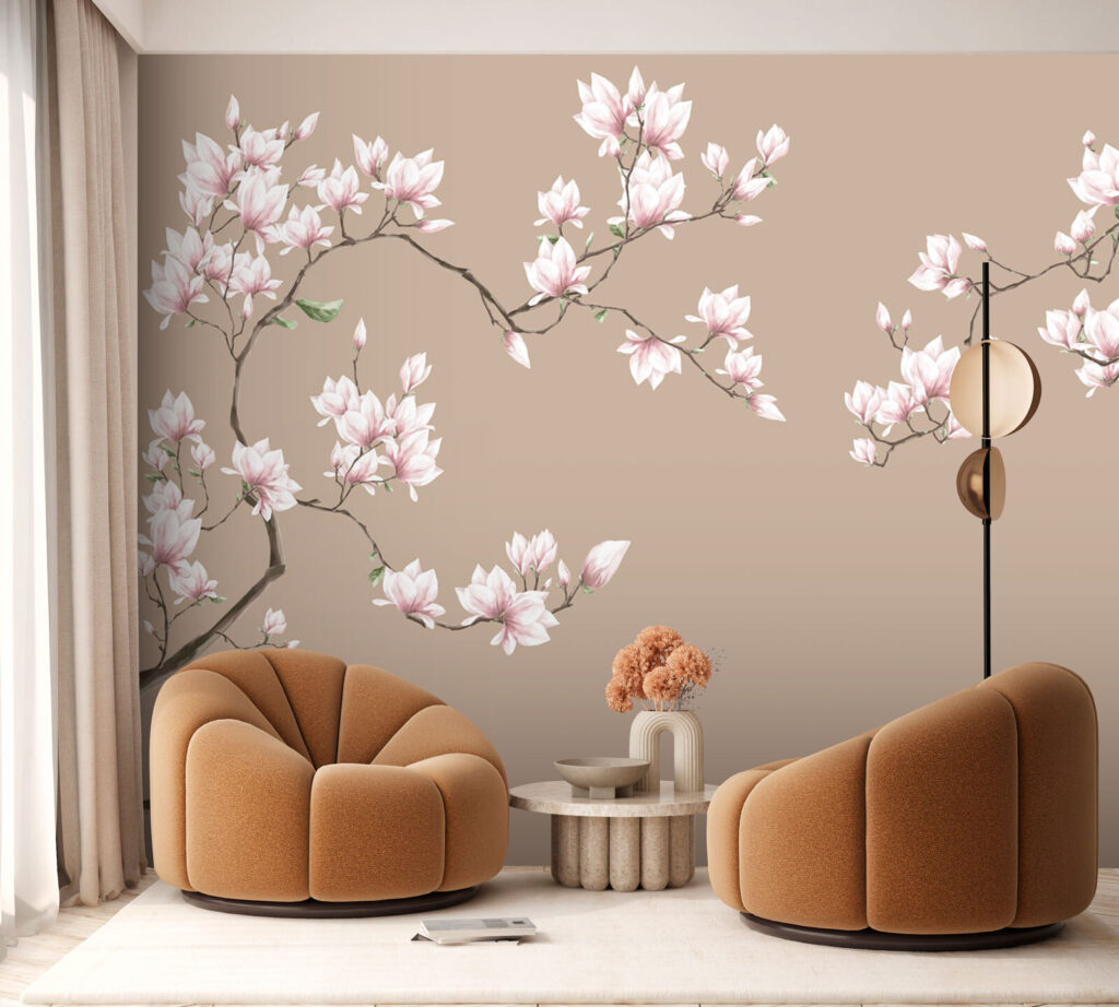 Růžová magnolie na béžovém — interiér 3