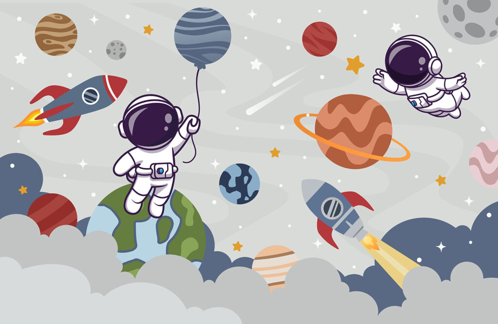 Hravé rakety a astronauti — celý design