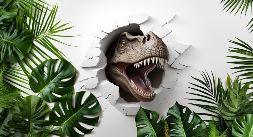 Hlava dinosaura mezi listy — celý design