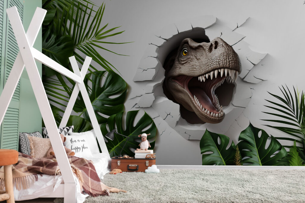 Hlava dinosaura mezi listy v interiéru