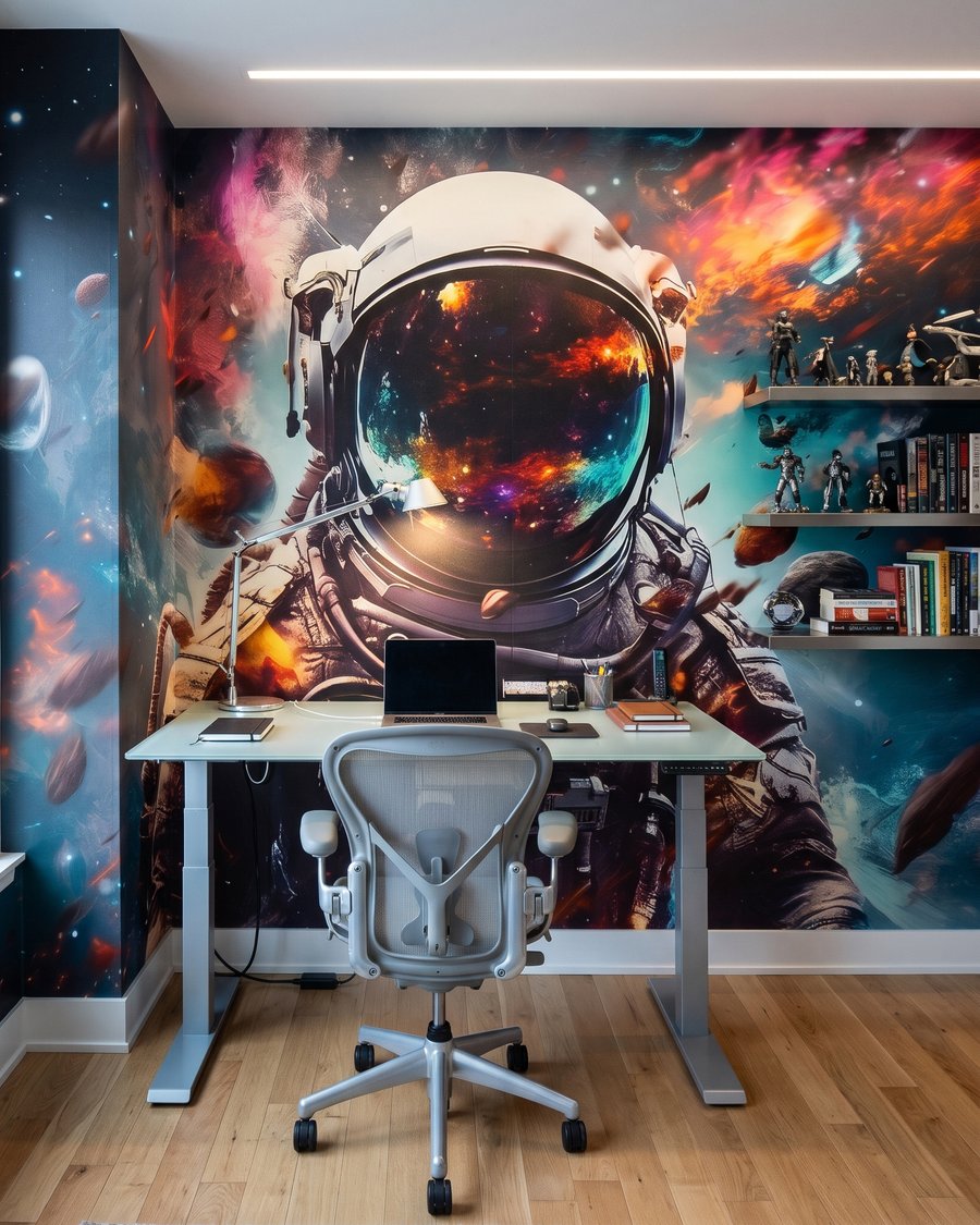 Astronaut s lesklým vizorem v interiéru