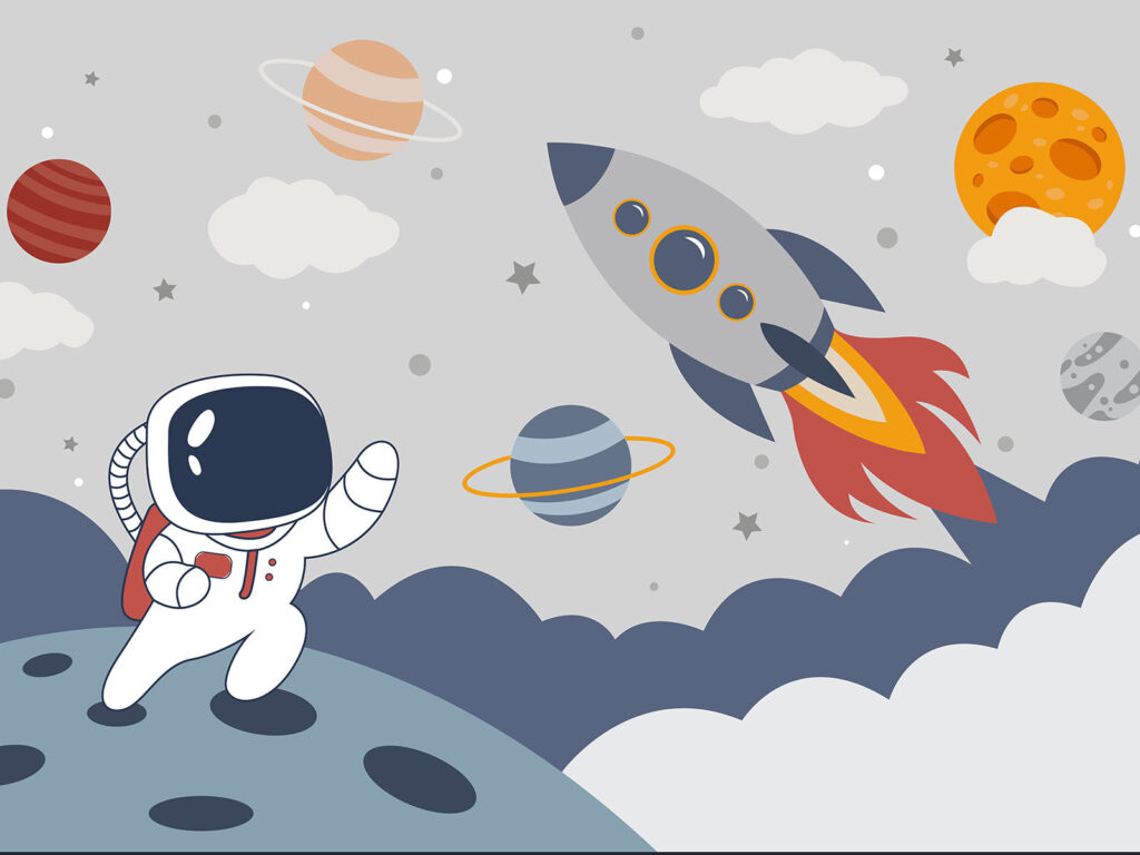 Raketa vedle malého astronauta — celý design