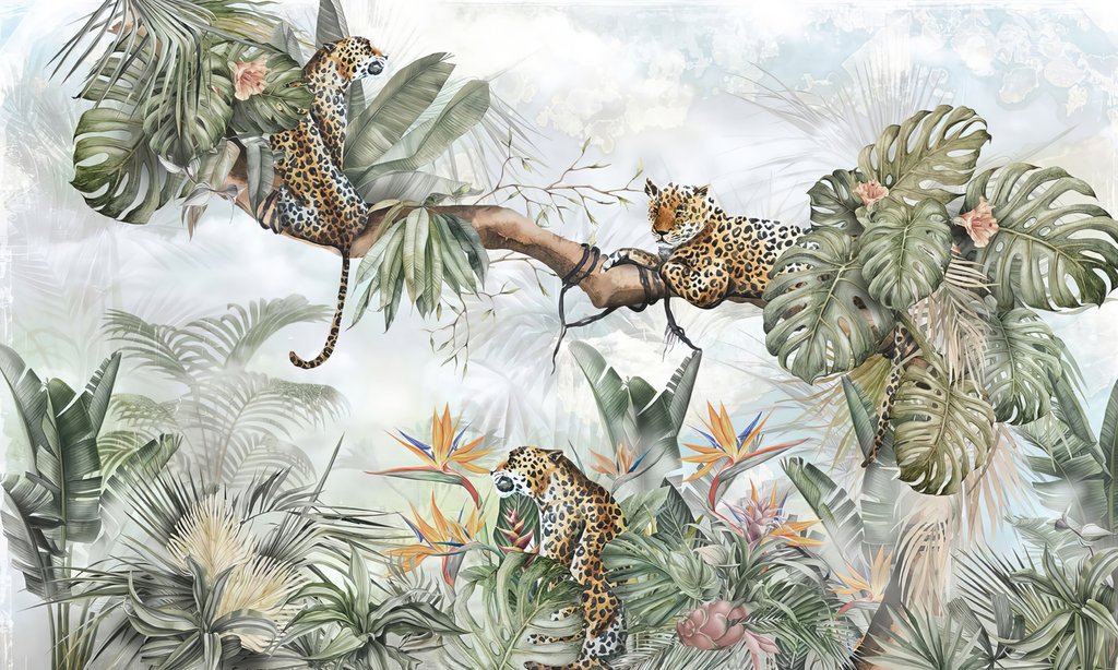 Leopardi mezi šedozelenými palmami — celý design