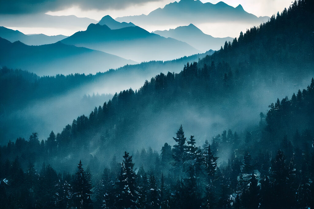 Modrá mlha nad svahy — celý design