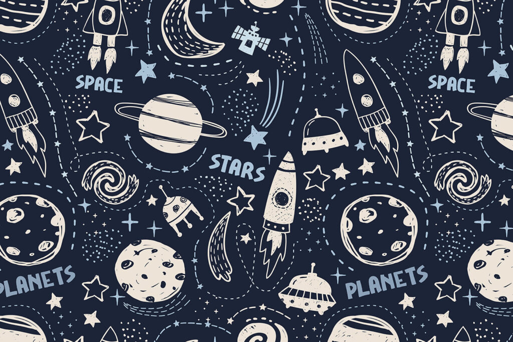 Raketky mezi kresbami planet — celý design