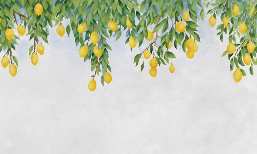 Citronové větve na šedém — celý design