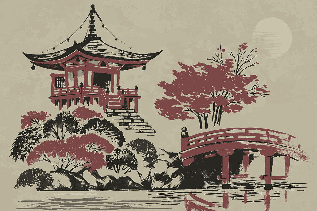 Pagoda s červeným mostem — celý design