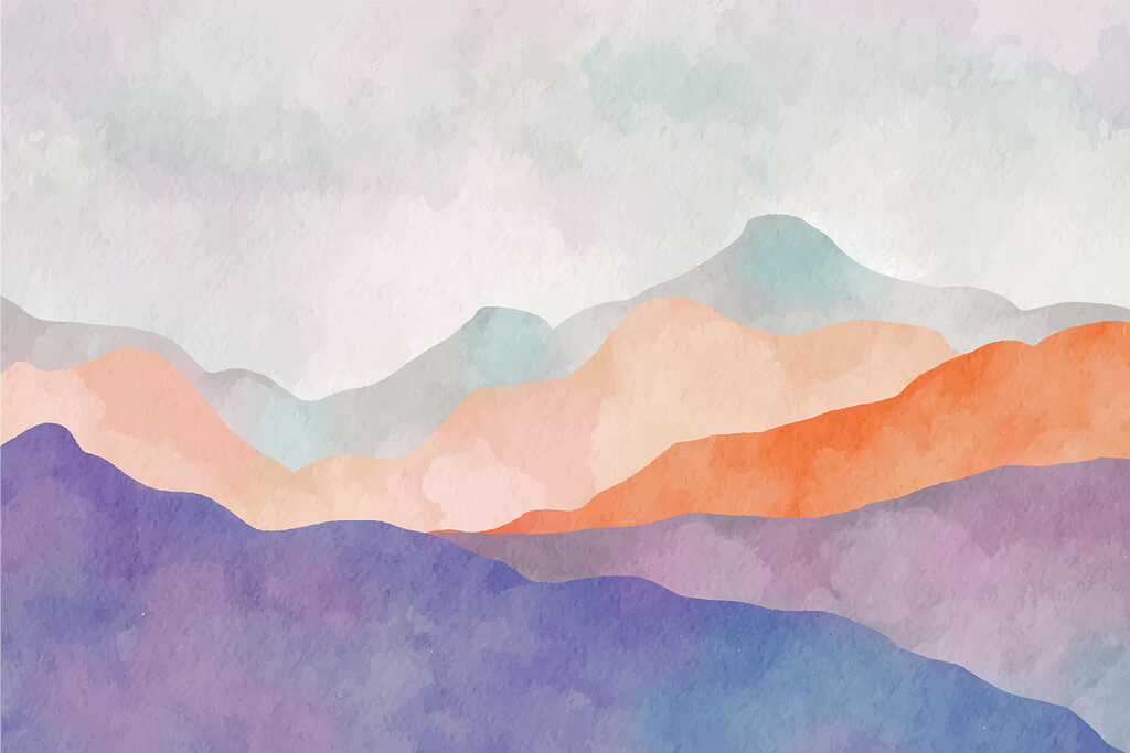 Fialové hory, oranžový horizont — celý design