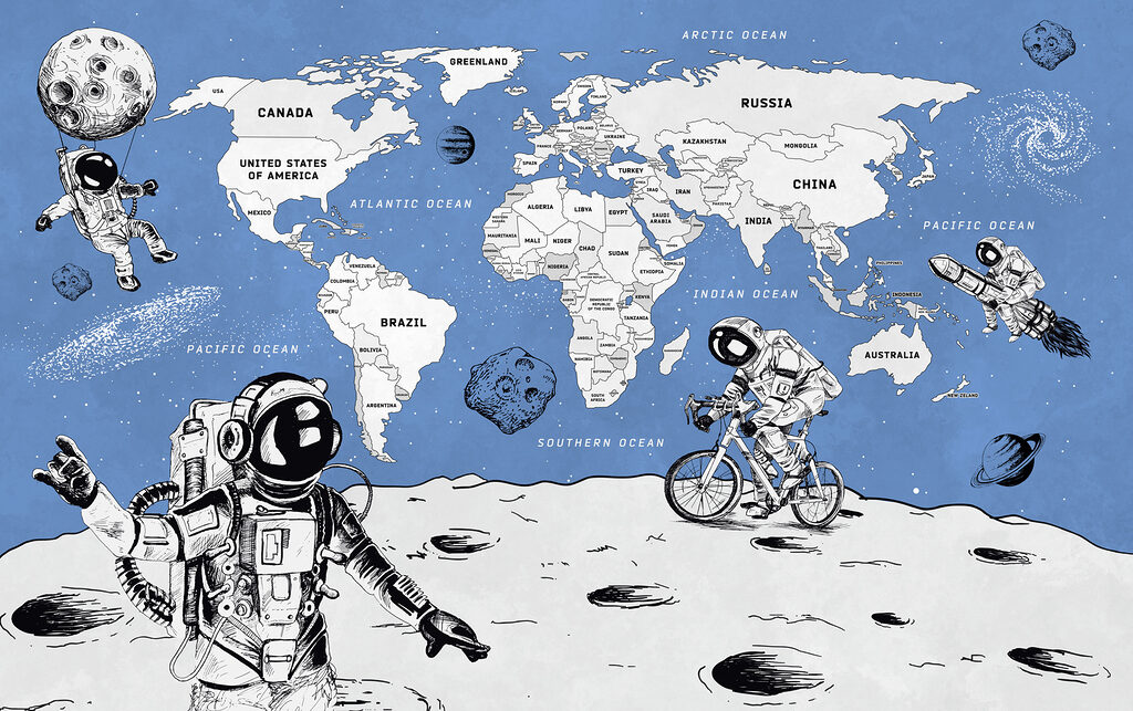 Astronauti u mapy světa — celý design