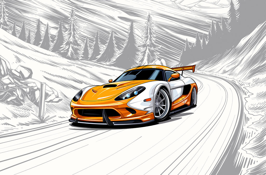 Oranžové auto v zatáčce — celý design